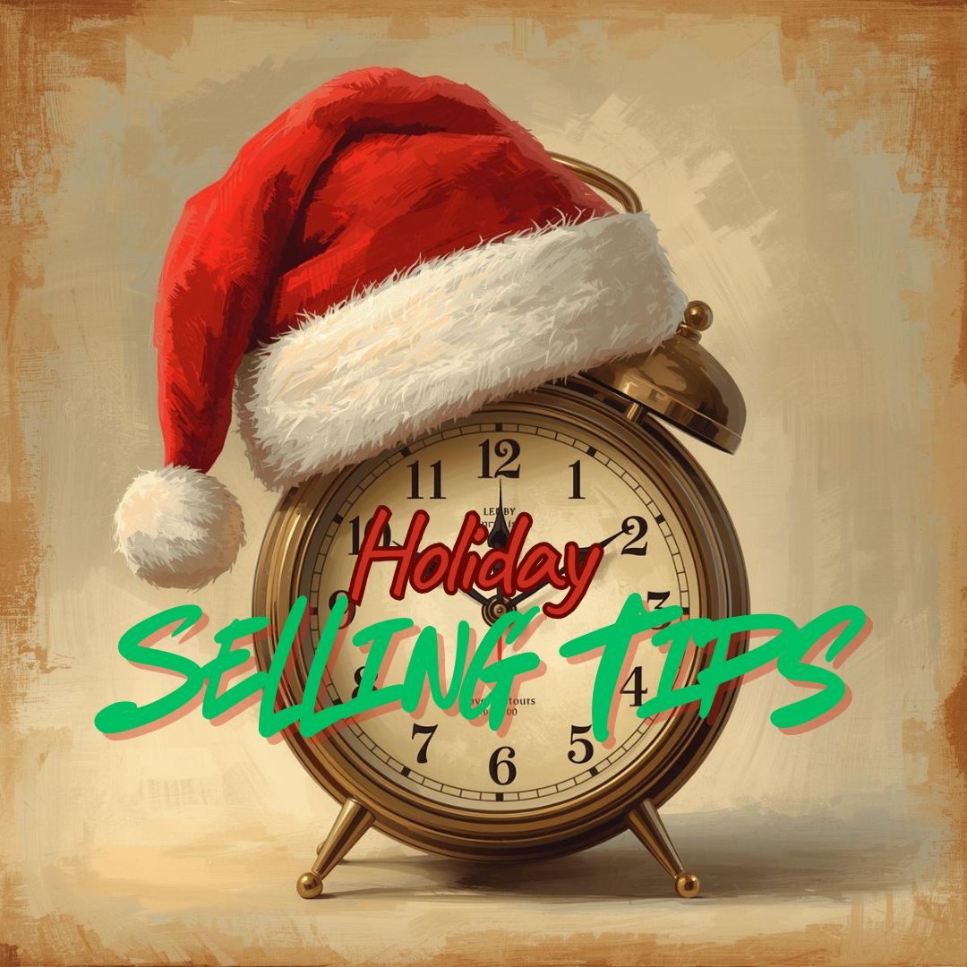 Alarm clock clad with a red and white Santa hat, and the words "Holiday Selling Tips" displayed across in green and red. 