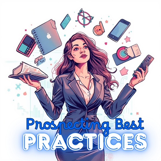 Sales Prospecting with a Businesswoman juggling a laptop, cellphone, coffee, and other business-related items.