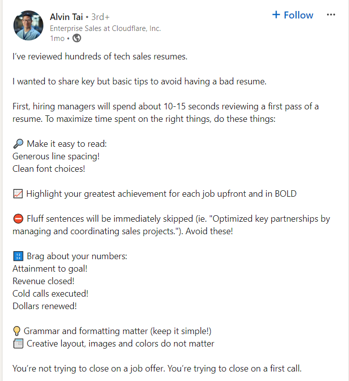 Alvin Tai Sales Resume Tips LinkedIn Post