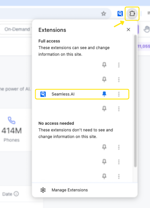 Pin your Seamless.AI Chrome Extension to your Chrome Extension Bar