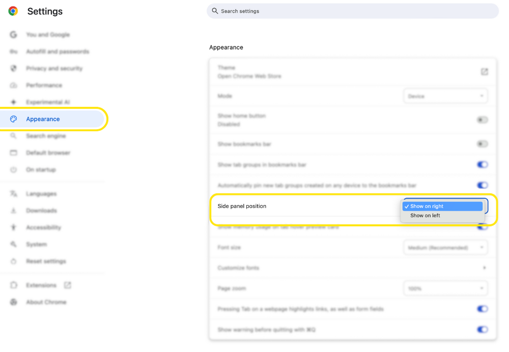 Access your side panel position updates through the Appearance tab in Chrome Extensions