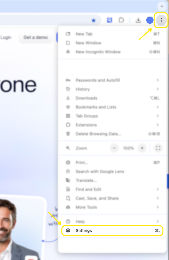 Access chrome settings through the vertical 3 dots in the top right corner