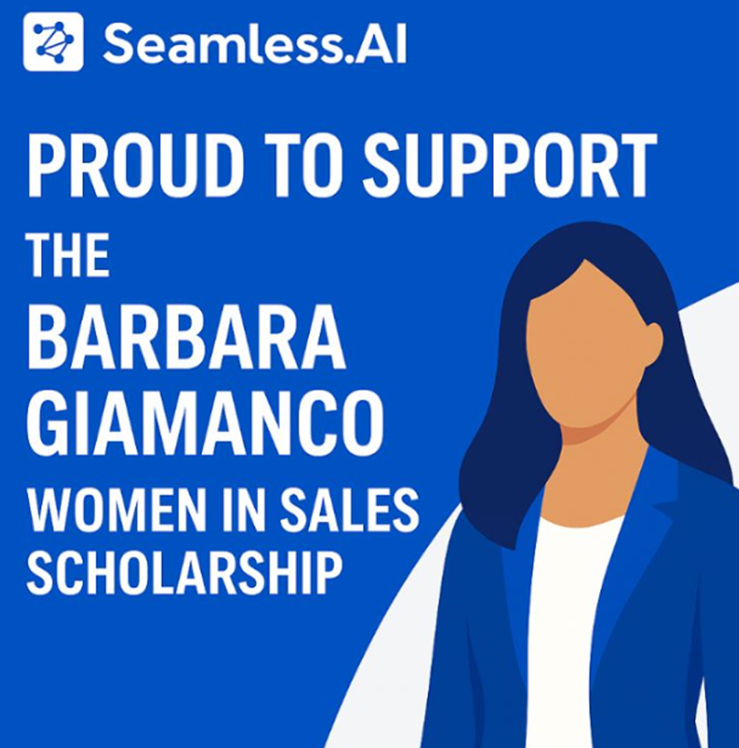 Cartoon image of businesswoman's silhouette with the words, "Seamless.AI Proud to Support the Barbara Giamanco Women In Sales Scholarship."