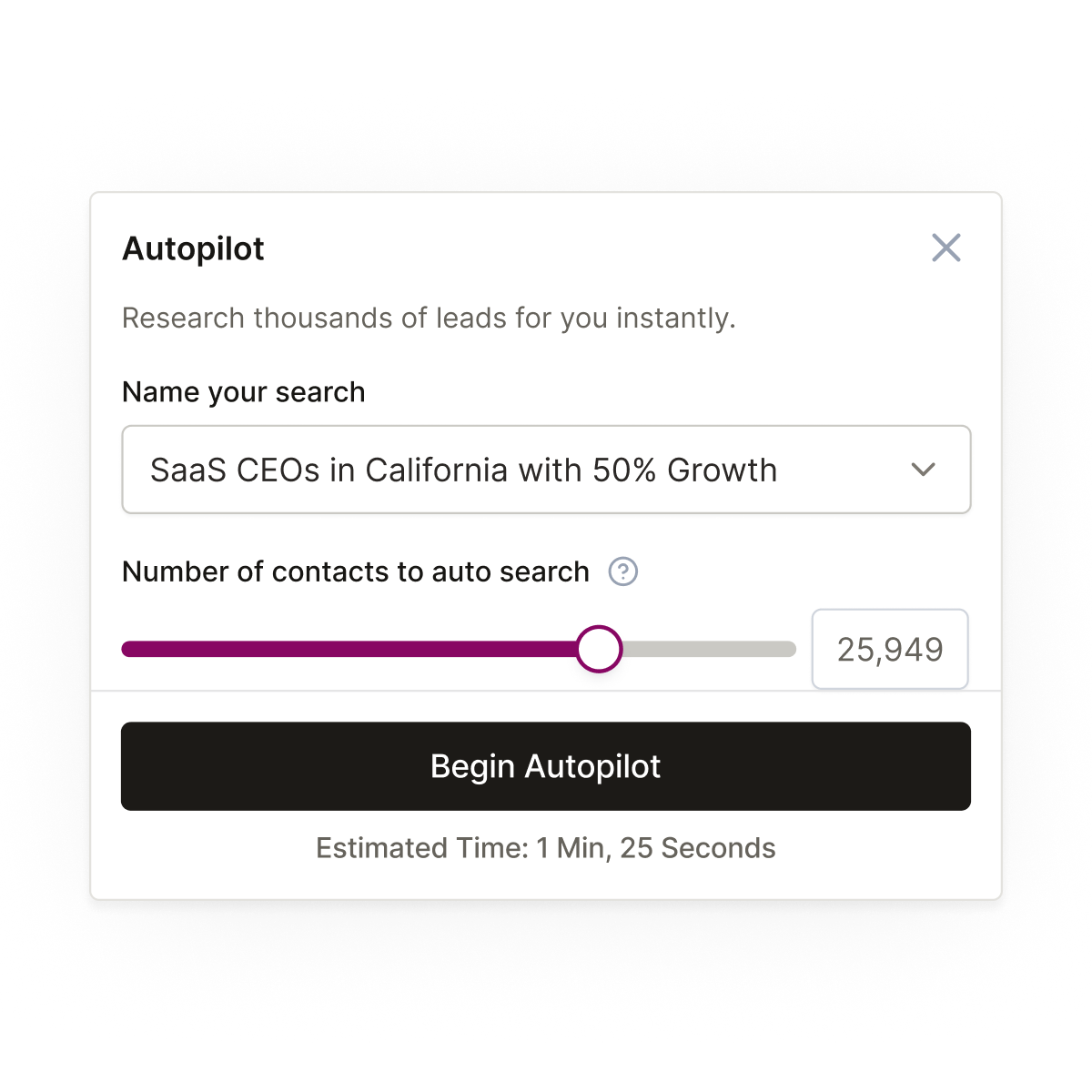 An Autopilot setup block being setup to find SaaS CEOs in California with 50% growth.