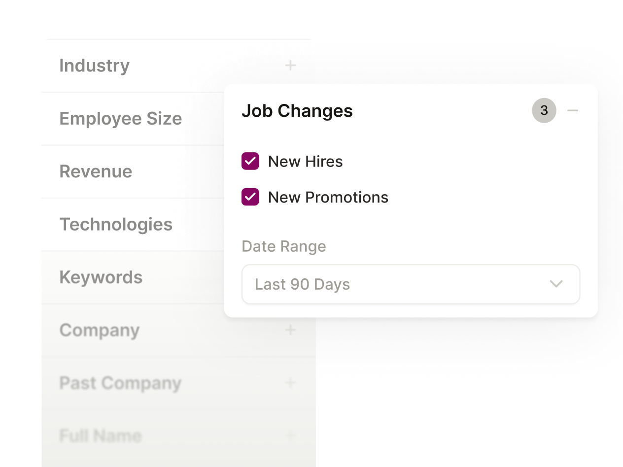 Job Changes filter block setup to look for New Hires and Promotions in the last 90 days overlayed on a list of other filters within Seamless.